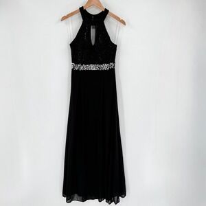 La Scala Long Black Lace Sequin Halter Dress Rhinestone Waistband Formal Prom M